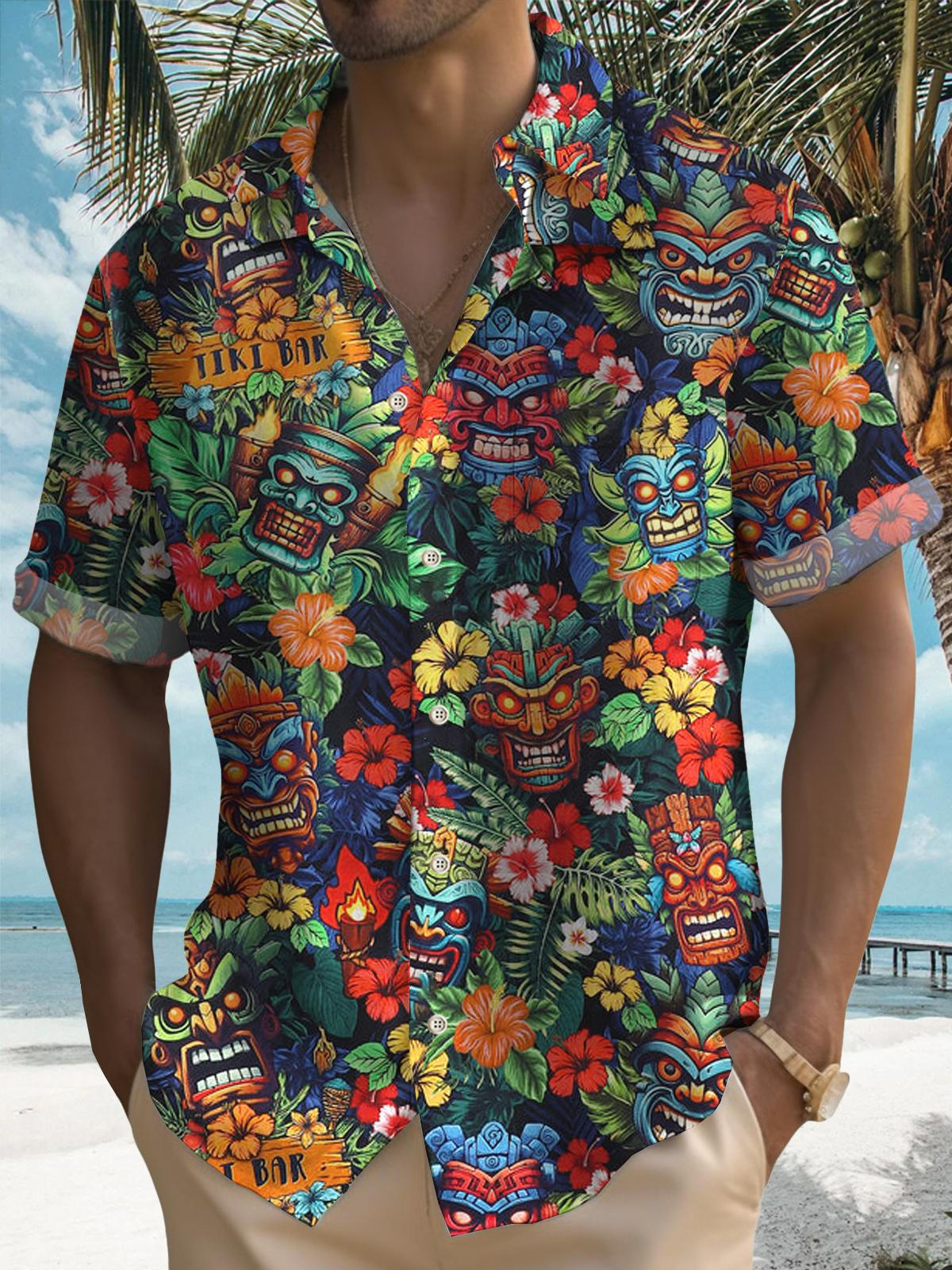 TiKi Aloha Hawaiian Short Sleeve Men's Shirts With Pocket