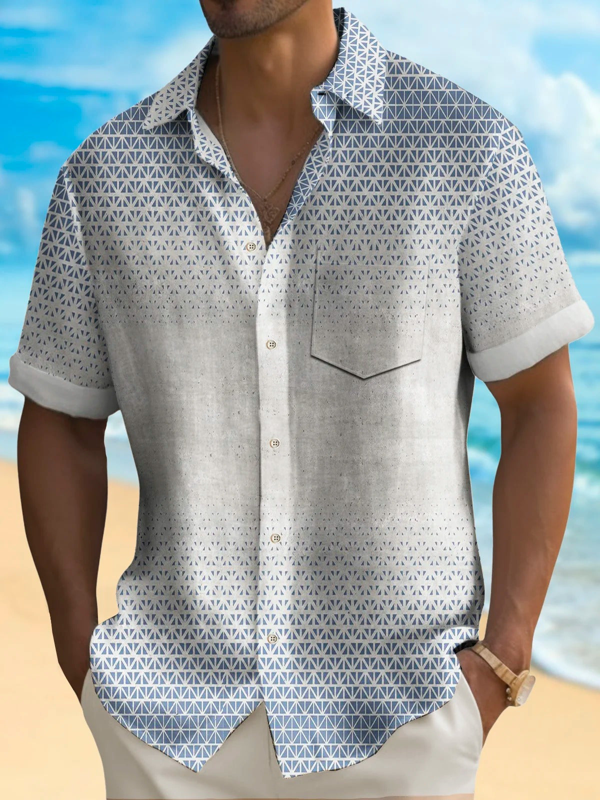 Retro Geometric Print Short Sleeve Men's Shirts With Pocket