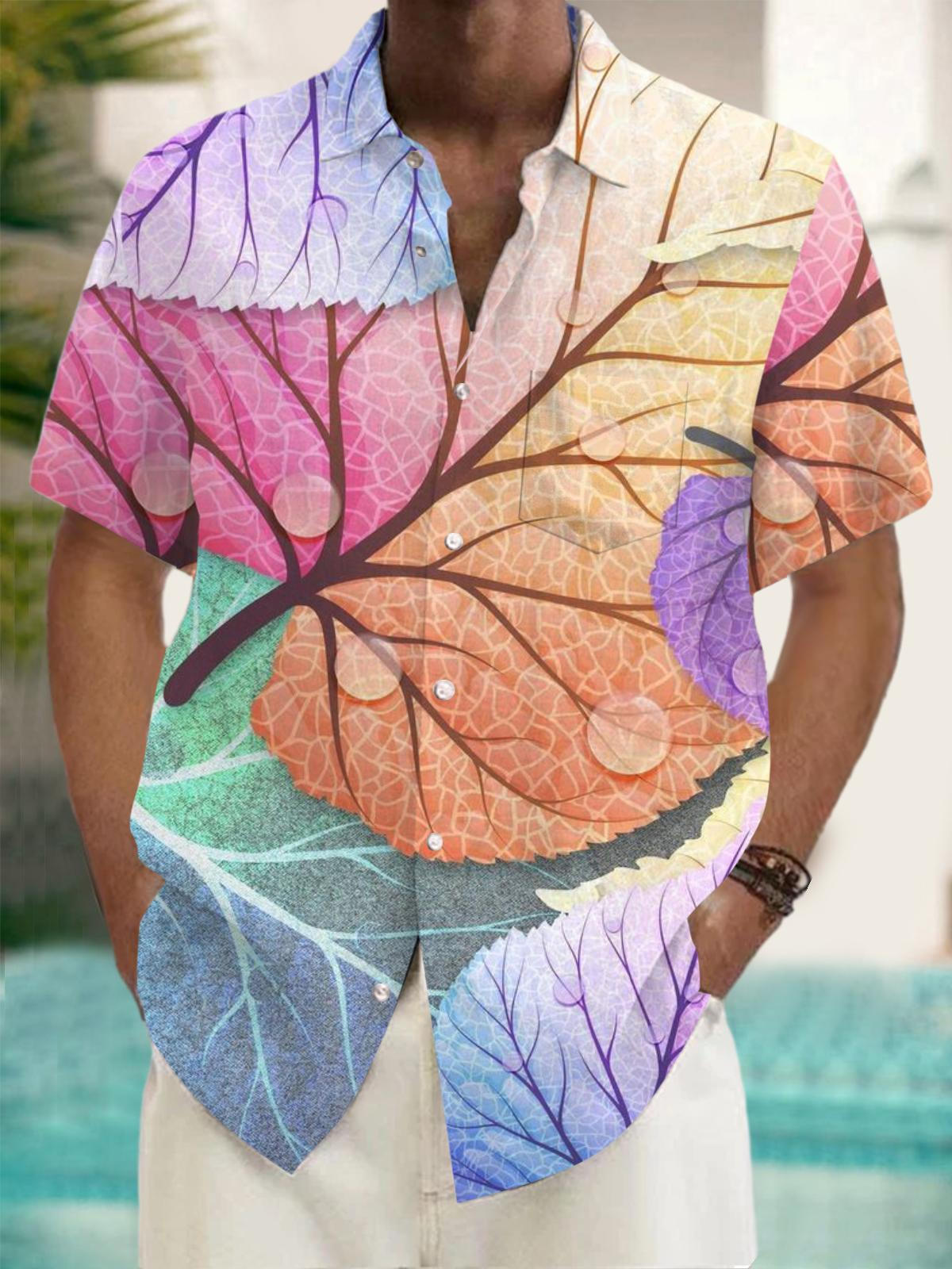 Plant Leaf Print Short Sleeve Men's Shirts With Pocket