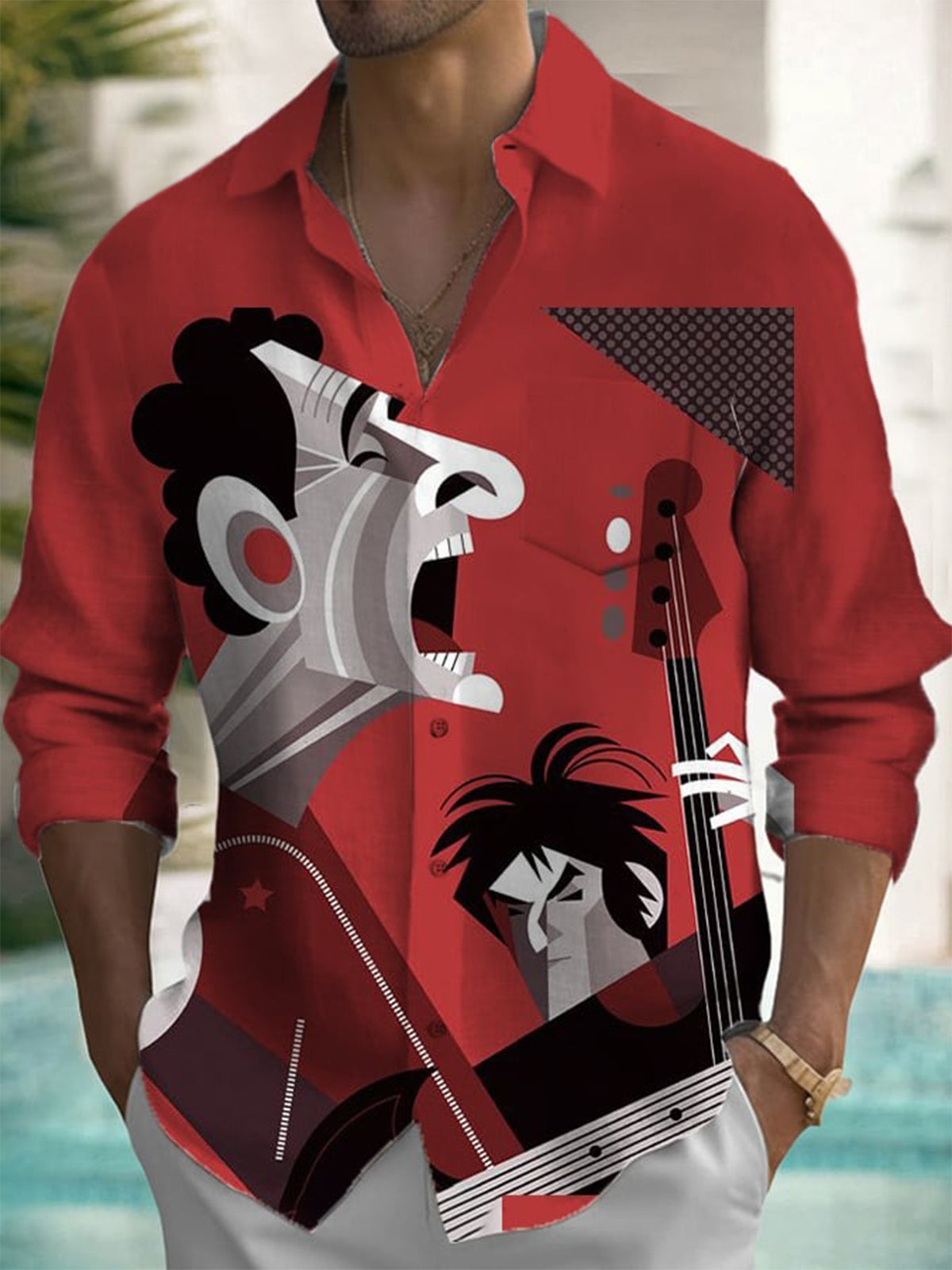 Musical Print Long Sleeve Men's Shirts With Pocket