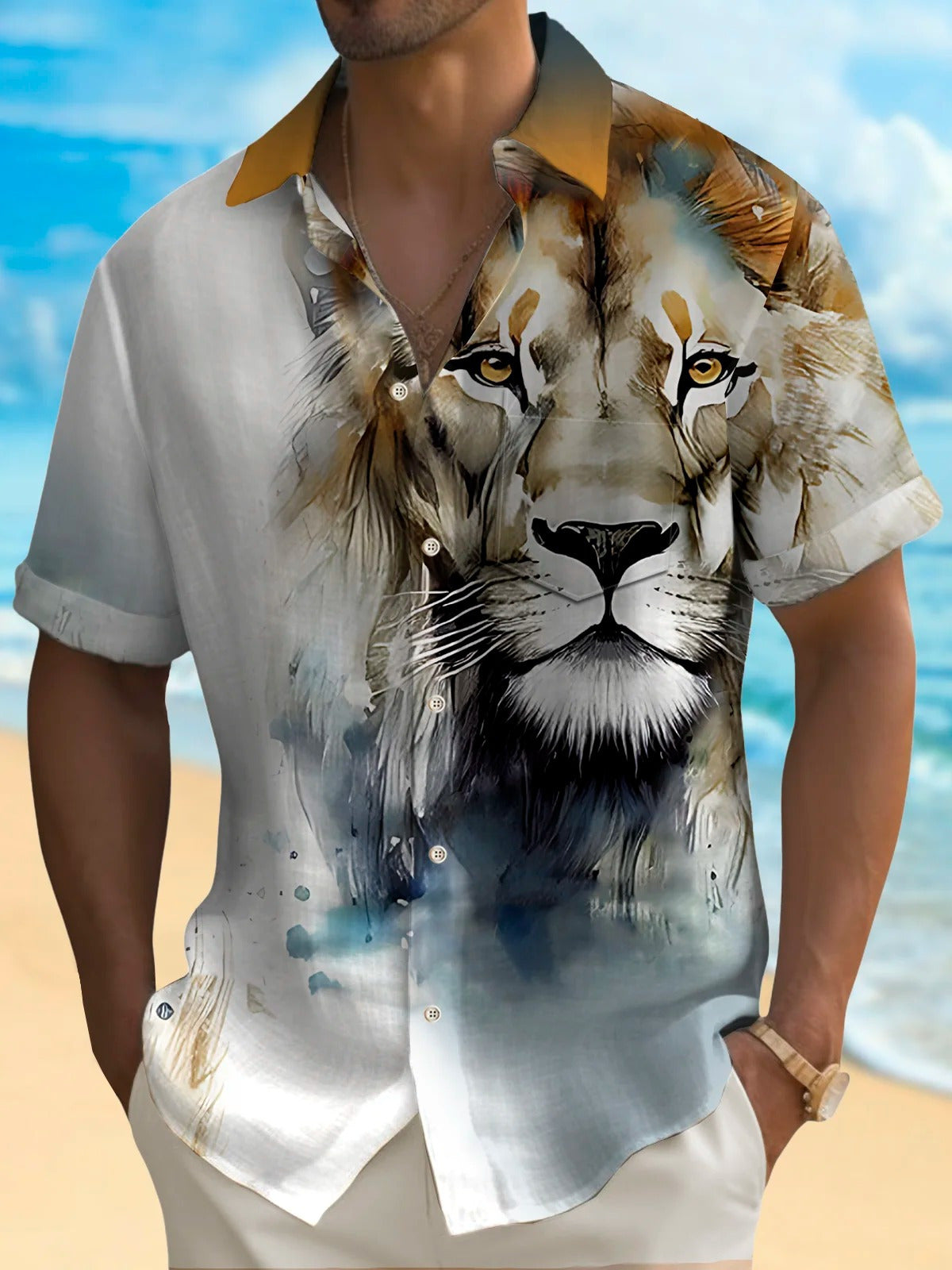 Lion Print Short Sleeve Men's Shirts With Pocket