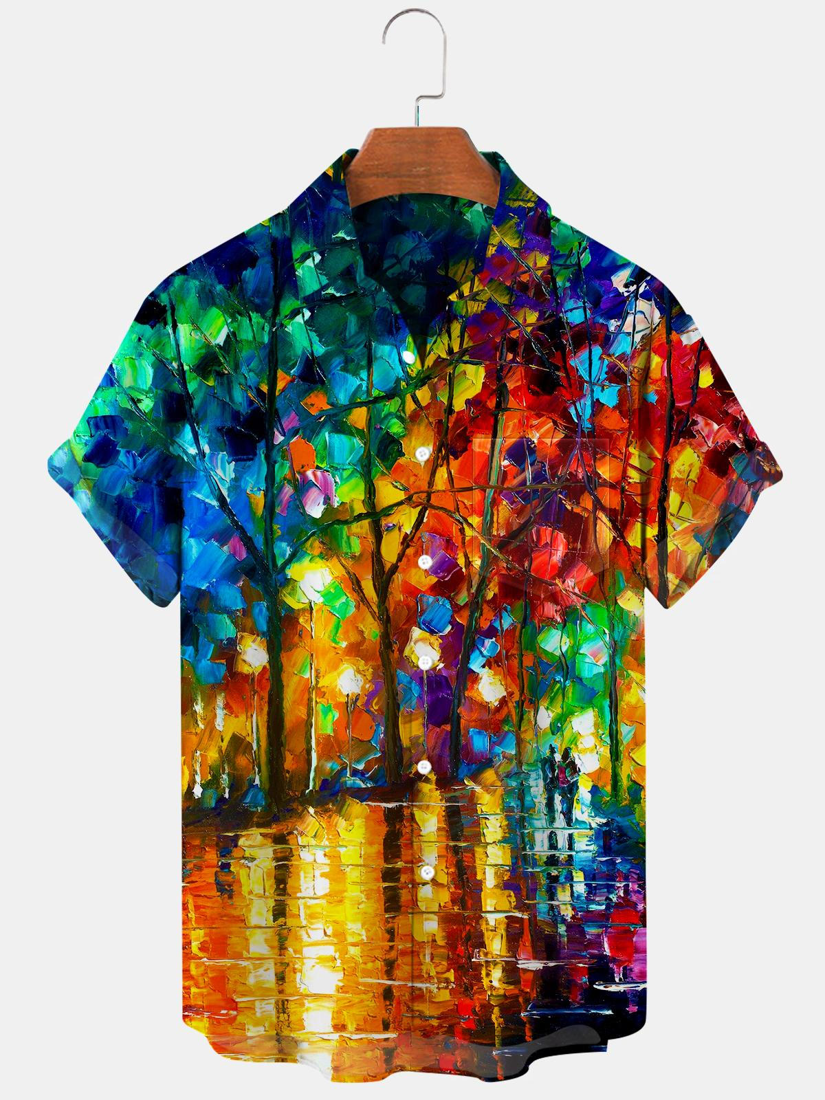 Oil Painting Short Sleeve Men's Shirts With Pocket