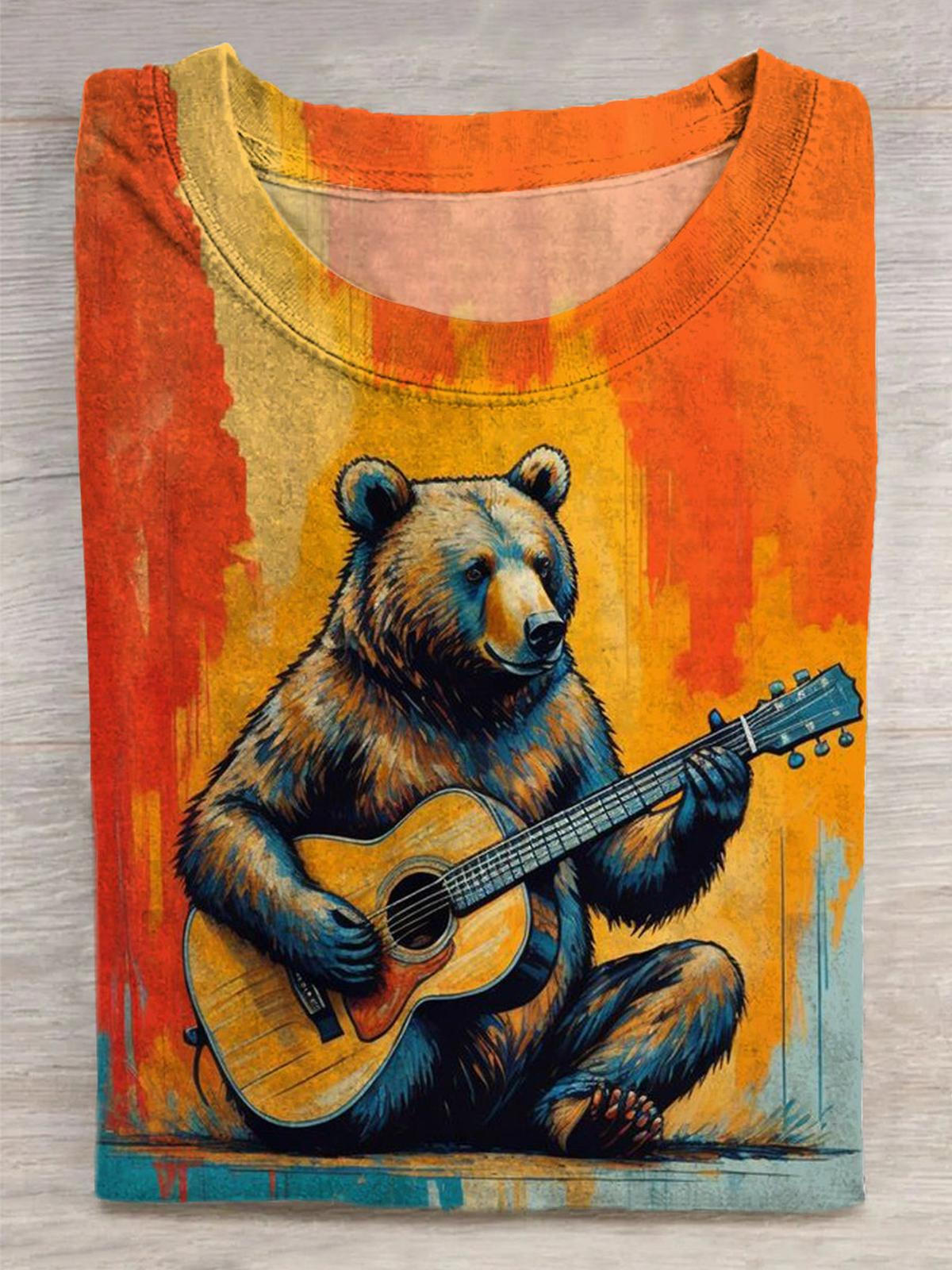 Guitar Bear Print Round Neck Short Sleeve Men's T-shirt