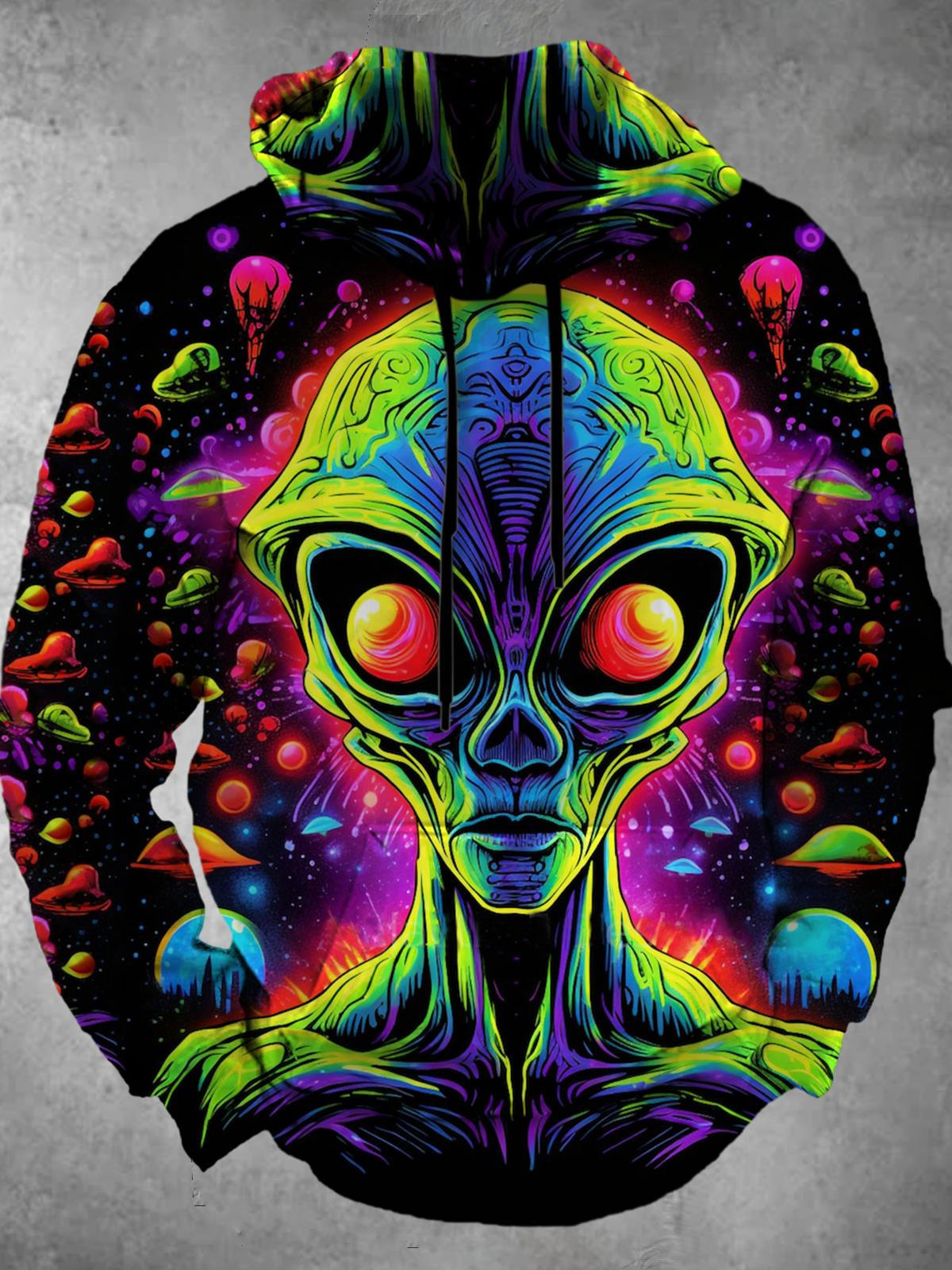 Psychedelic Alien Print Long Sleeve Hooded Pocket Men's Top