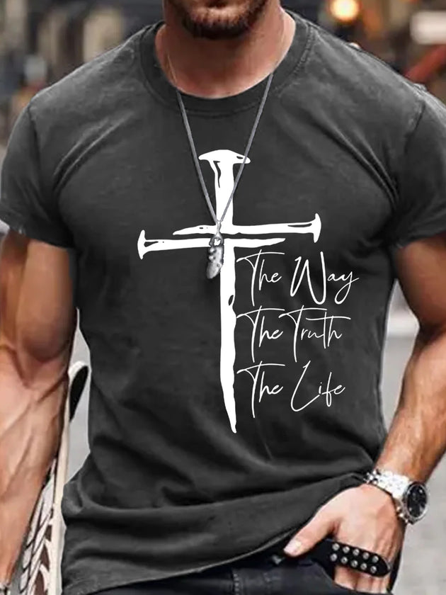 Men's Hawaiian cross print short sleeve T-shirt front view tropical beach vacation