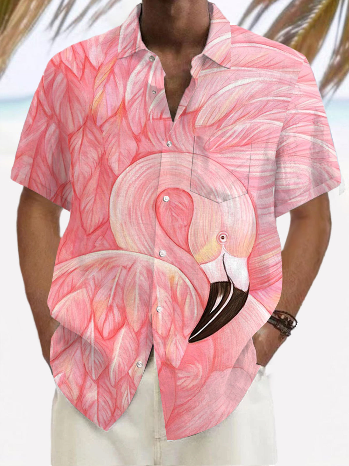 Flamingo Print Short Sleeve Men's Shirts With Pocket