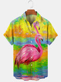 Flamingo Print Short Sleeve Men's Shirts With Pocket