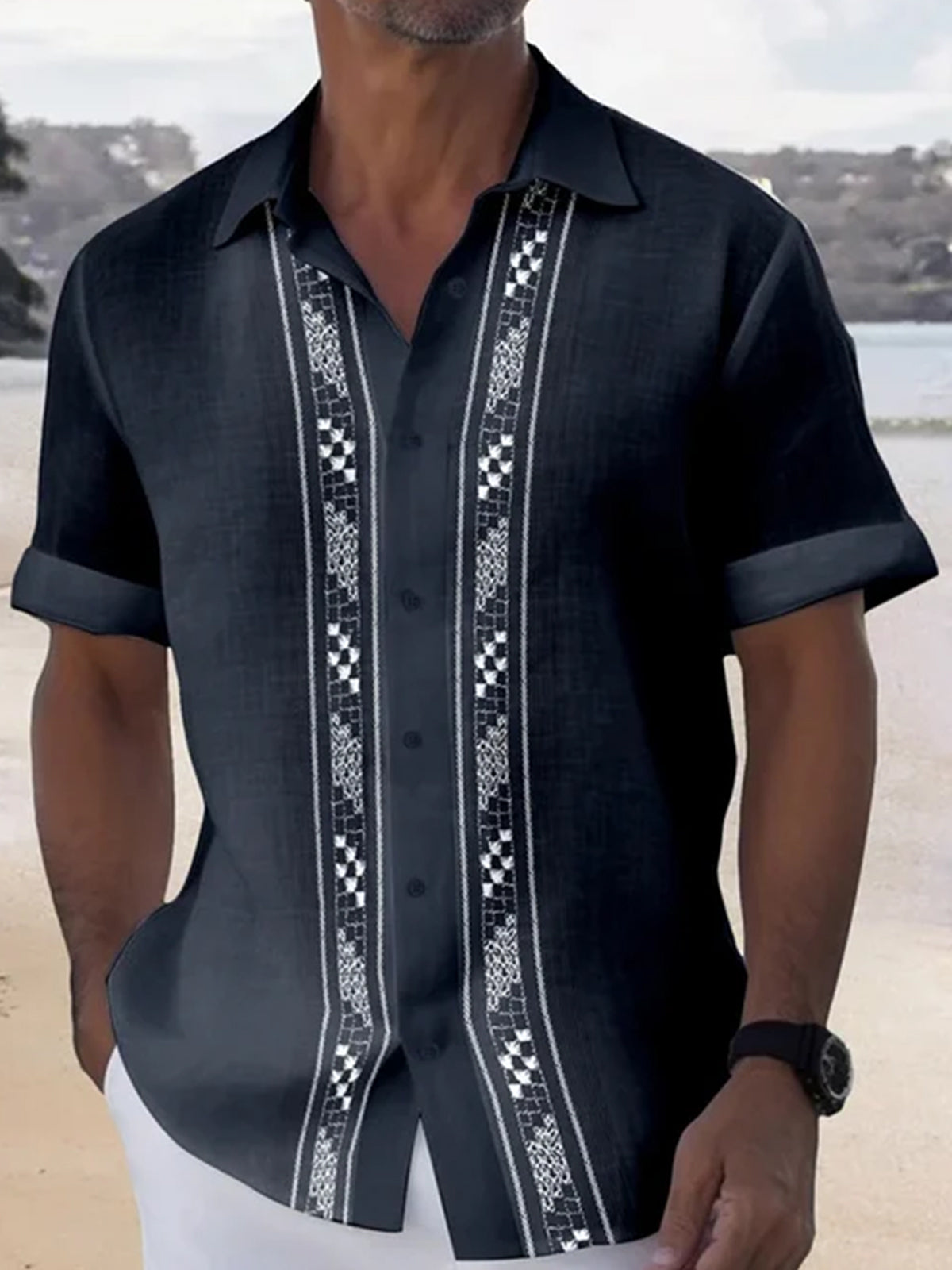 Ethnic Casual Printed Slub Linen Men's Short-Sleeved Shirt