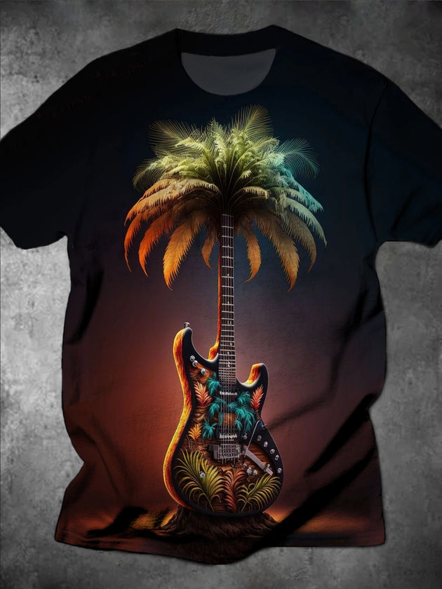 Men's graphic short sleeve t-shirt featuring guitar and coconut tree design front view