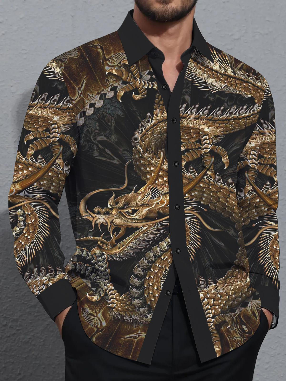 Japanese Dragon Art Hawaiian Casual Retro Long Sleeve Men's Shirts With Pocket