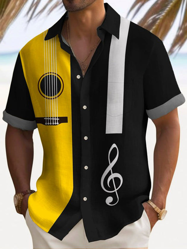 Men's guitar print short sleeve shirt with pocket front view