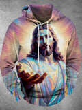 Jesus Print Long Sleeve Hooded Pocket Men's Top