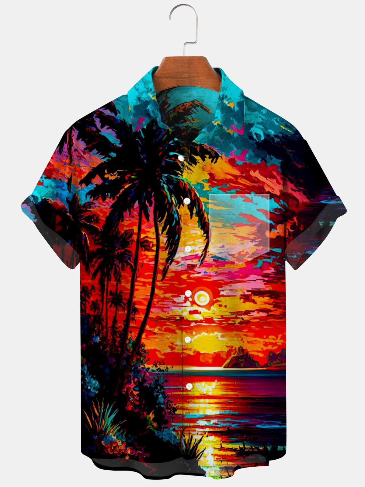 Hawaiian Sunset Coconut Palm Men's Shirts With Pocket