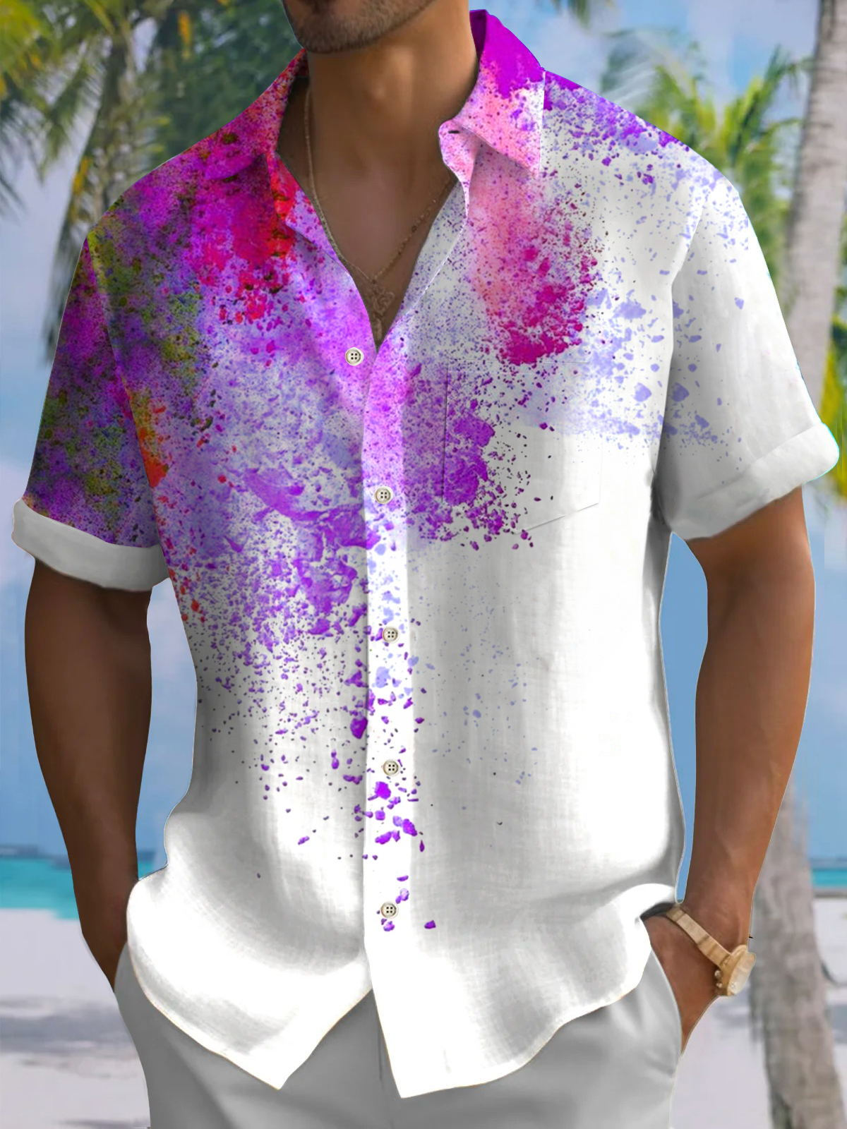 Gradient Print Short Sleeve Men's Shirts With Pocket