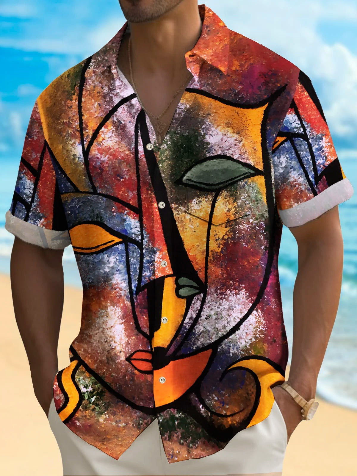 Abstract Face Print Short Sleeve Men's Shirts With Pocket