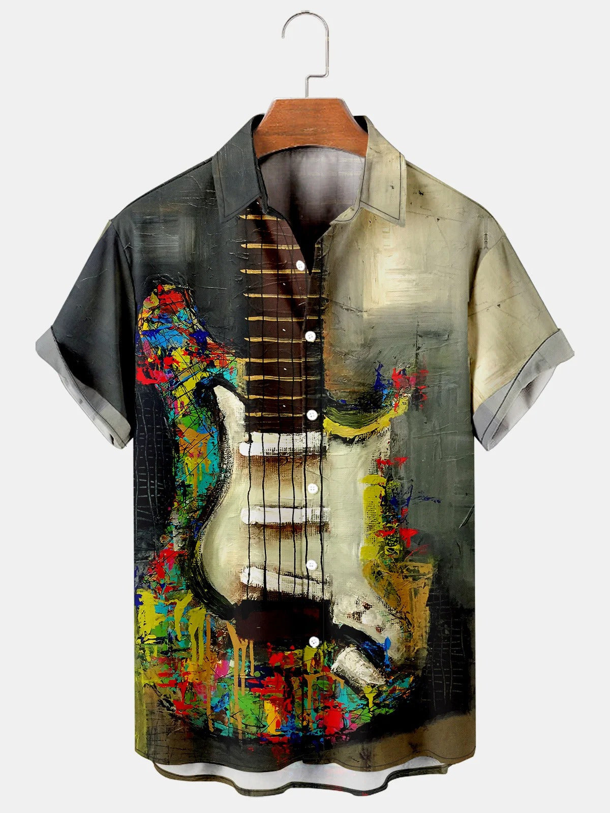 Guitar Print Short Sleeve Men's Shirts With Pocket