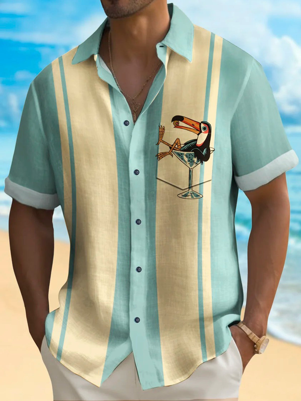 Vintage Cartoon Bird Print Short Sleeve Men's Shirts With Pocket