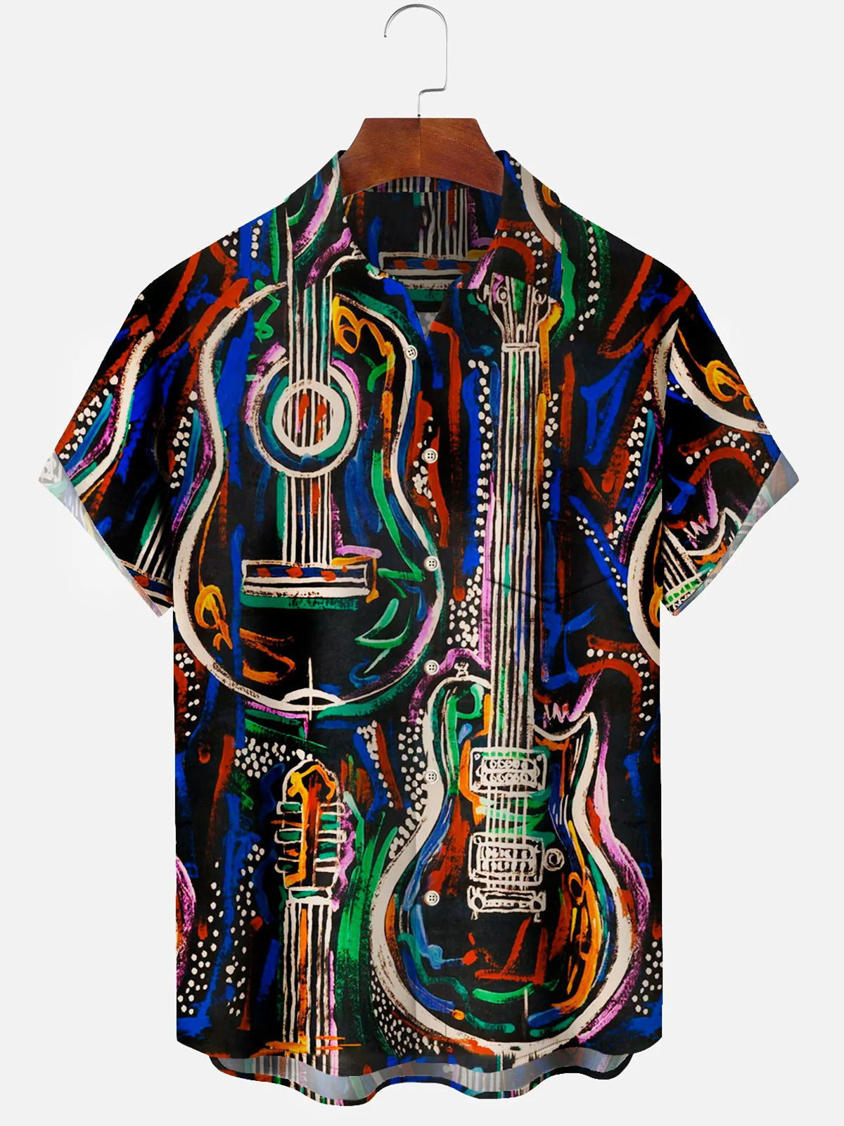 Music Guitar Print Short Sleeve Men's Shirts With Pocket