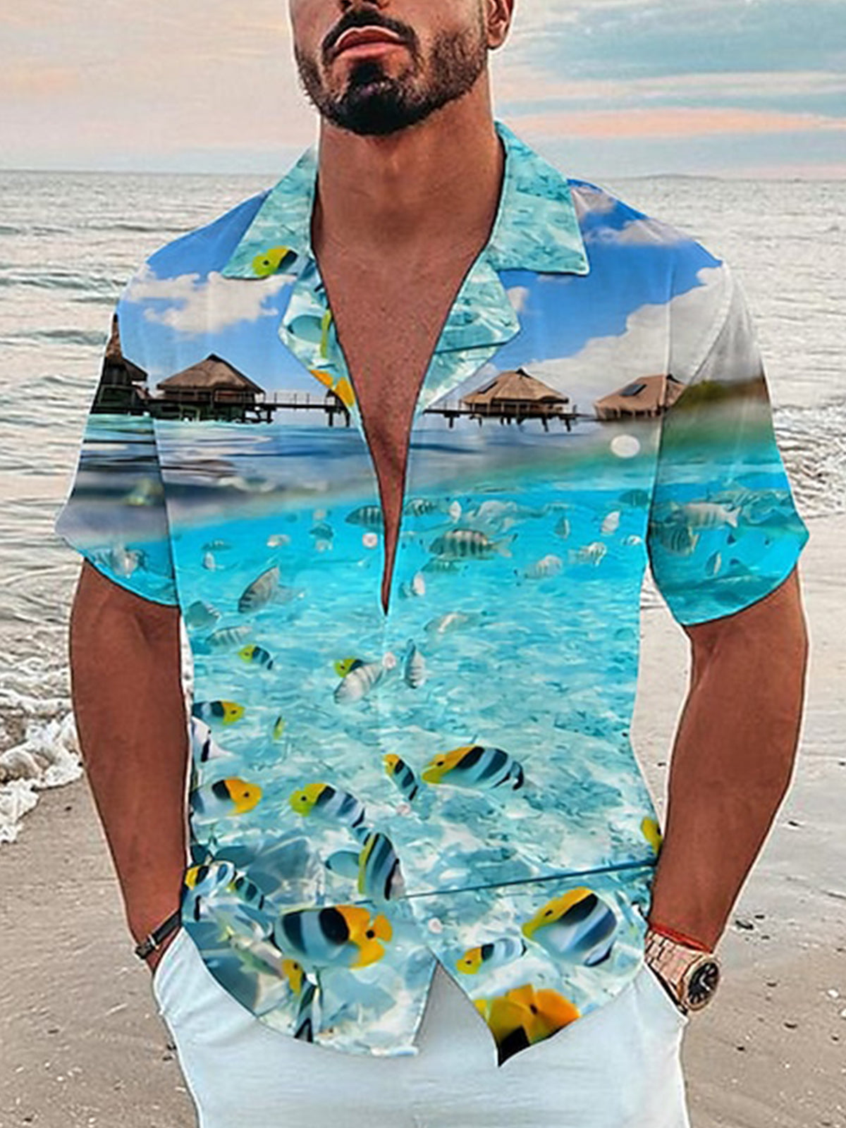 Beach Scenery Print Men's Cuban Collar Short Sleeve Shirt